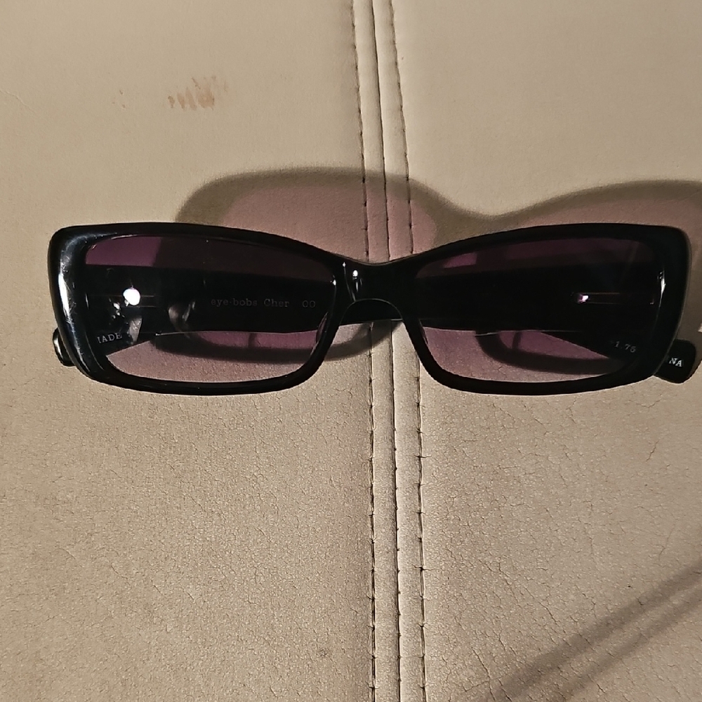 Black Rectangular Sunglasses with Purple Lenses, … - image 1